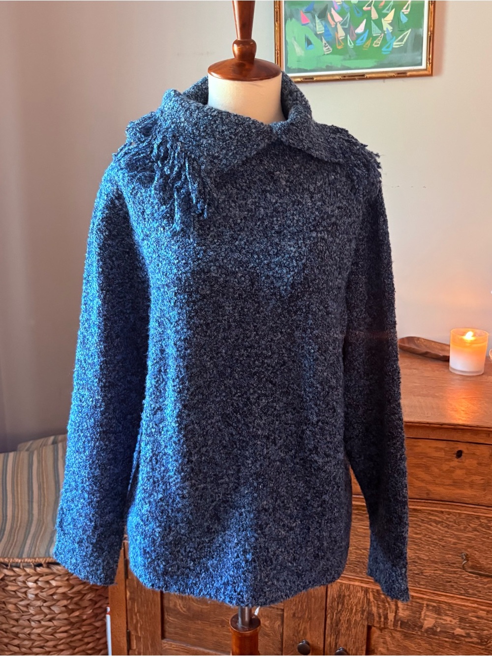 Cozy Navy Bouclé Sweater with Shawl Collar Preppy Petite Medium M grandma style